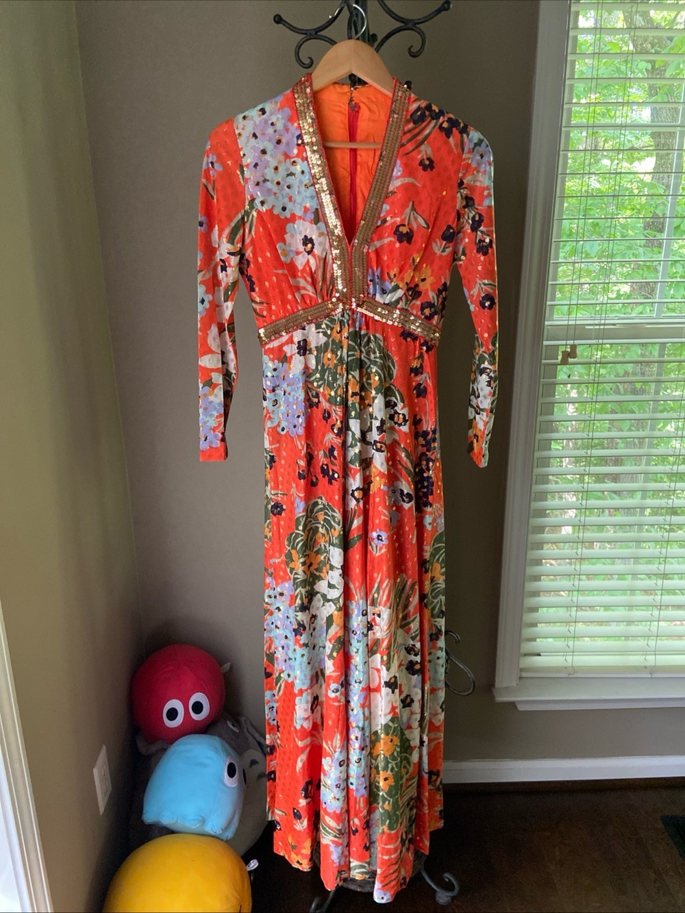 Vintage VTG 70s Sequins Floral Maxi Dress Size S 4-6 Orange